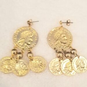 Gold Coin Charm Dangle Earrings. Byzantine Coin Replica. 1.5" Long